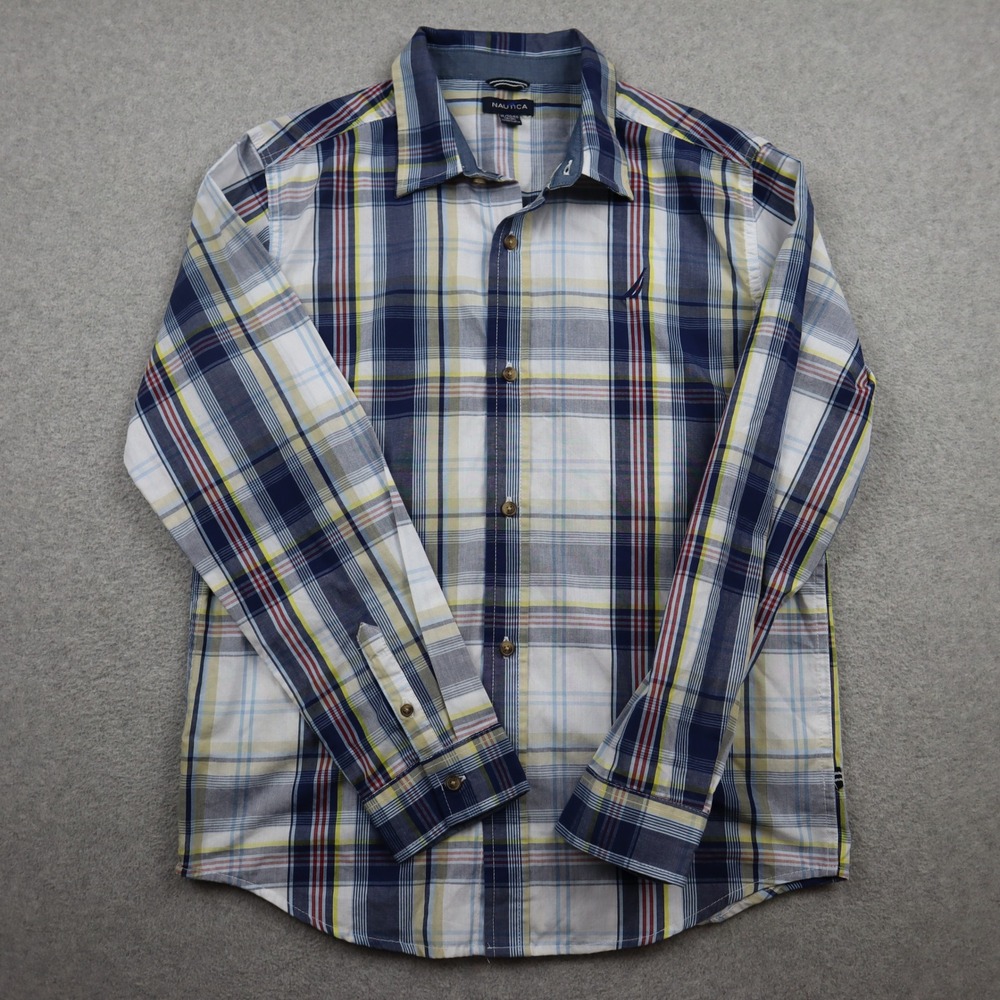 Nautica Shirt Boys Youth XL 18/20 Blue White Plaid Long Sleeve Button-Down